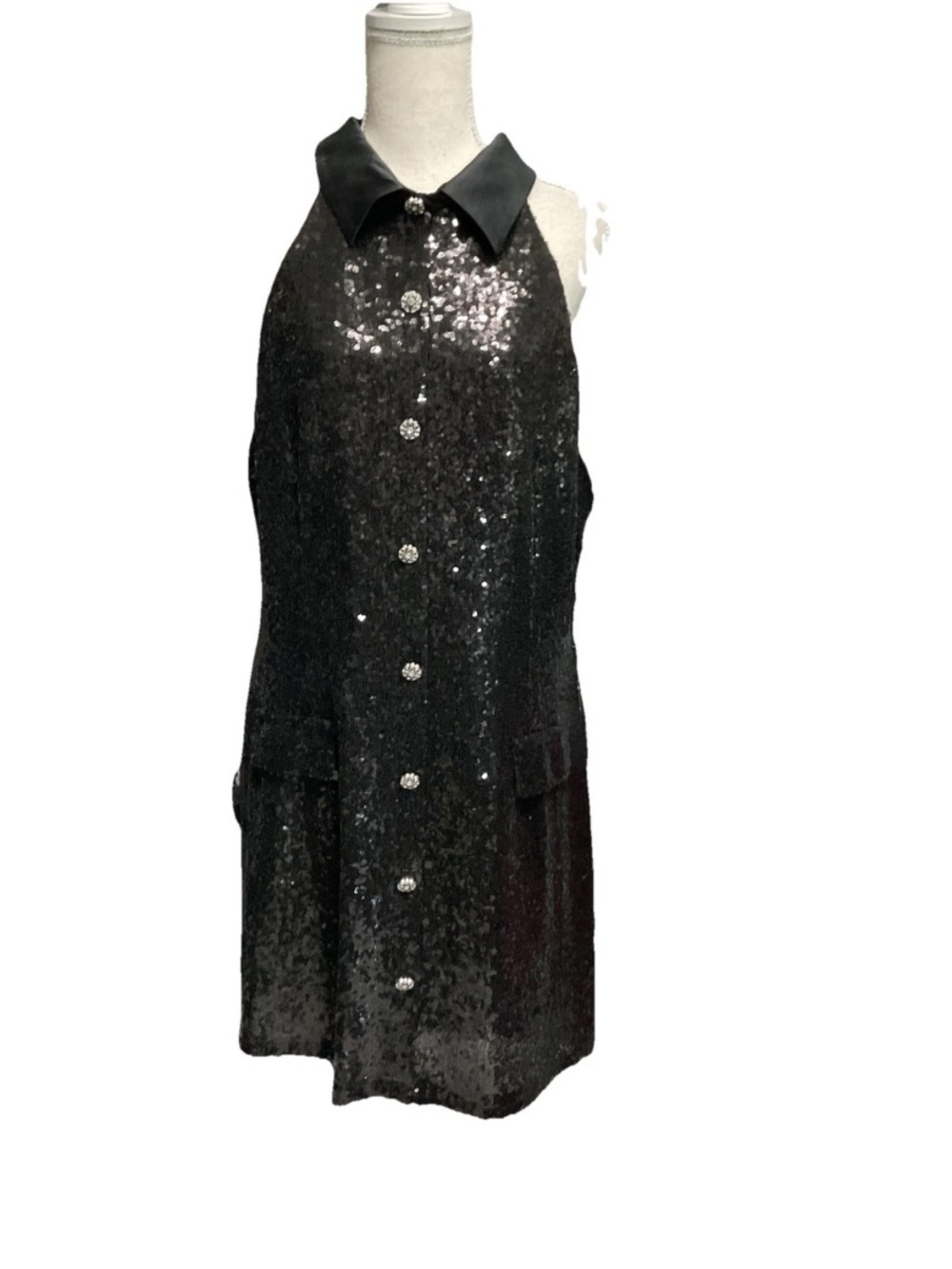 B Darlin Black Sequin Halter Dress Jewel Buttons NWT Zip Back XXL Slim Neutral
